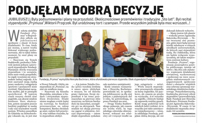 Podjęłam dobrą decyzję - artykuł Gazety Olsztyńskiej o 15-leciu Fundacji PRYMUS